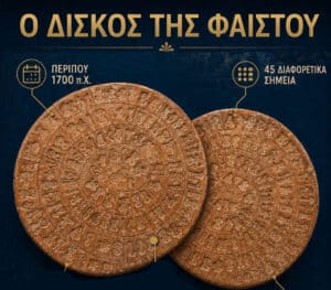 Two large circular carved discs with hieroglyph-like symbols on a dark blue backdrop, titled in Greek 'O ΔΙΣΚΟΣ ΤΗΣ ΦΑΙΣΤΟΥ' above.