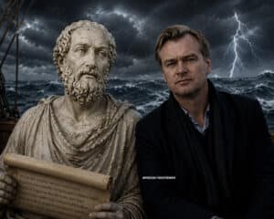 Man in a dark coat beside a marble statue of an ancient philosopher holding a scroll on a stormy sea with lightning in the background, on a ship chapter.
