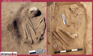 Two archaeological burials exposed in sandy soil, with skeleton bones visible and measurement scales for scale reference.
