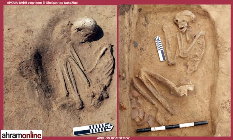 Two archaeological burials exposed in sandy soil, with skeleton bones visible and measurement scales for scale reference.