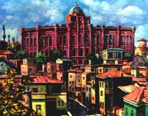 Large red-brick historic building with arched windows and a central dome, set among smaller surrounding houses under a blue sky.