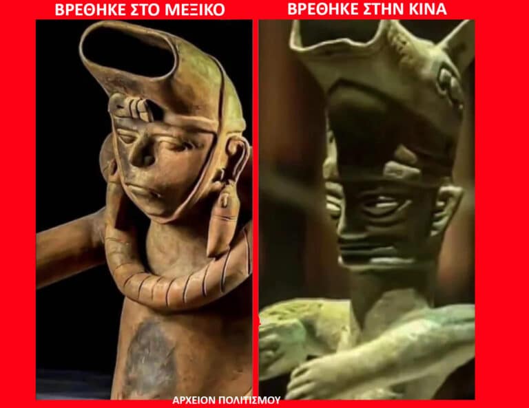 Two side-by-side ancient-like busts with elongated heads on a red poster; Greek captions claim finds in Mexico (left) and China (right).