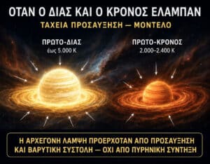 Infographic in Greek comparing a proto-star (left) and proto-planetary body (right) with arrows and temperature labels (ΠΡΩΤΟ-ΔΙΑΣ έως 5.000 K; ΠΡΩΤΟ-ΚΡΟΝΟΣ 2.000–2.400 K) and a bottom caption about luminosity arising from accretion and gravitational contraction, not fusion.