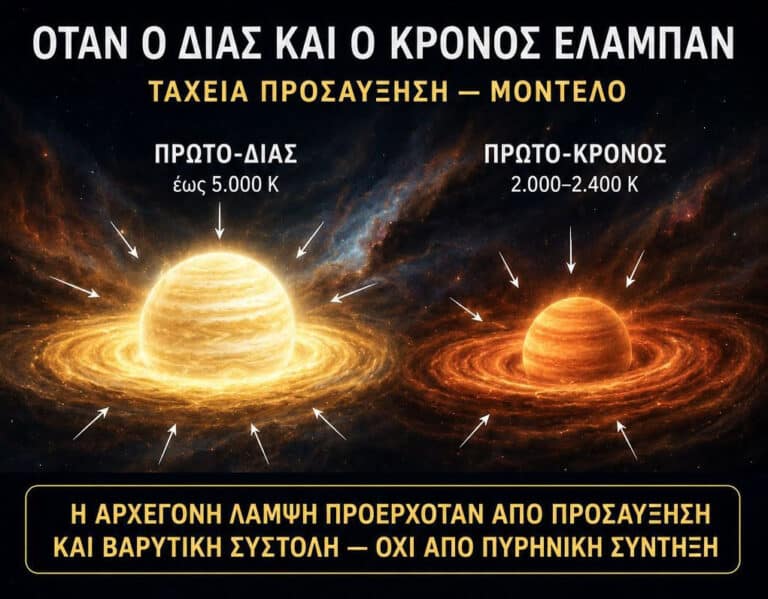 Infographic in Greek comparing a proto-star (left) and proto-planetary body (right) with arrows and temperature labels (ΠΡΩΤΟ-ΔΙΑΣ έως 5.000 K; ΠΡΩΤΟ-ΚΡΟΝΟΣ 2.000–2.400 K) and a bottom caption about luminosity arising from accretion and gravitational contraction, not fusion.