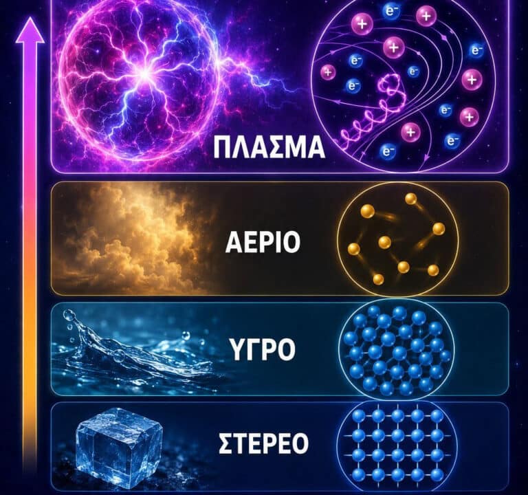 Panel illustrating states of matter: plasma, gas, liquid, and solid with representative visuals and Greek labels.