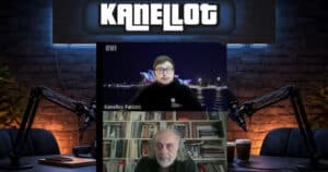 Split-screen video call on a podcast/set with two men, brick-wall studio background and arms-length microphone arms visible on both sides.