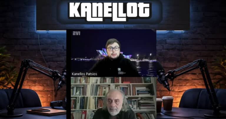 Split-screen video call on a podcast/set with two men, brick-wall studio background and arms-length microphone arms visible on both sides.