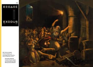 Oil painting of The Sacrifice of Kapsalis: a bearded man raises a torch before a crowded, fearful audience in a dark dungeon with barrels on the right.