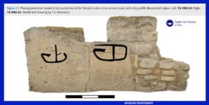 Photogrammetric model of the south side of Temple 4 altar with ship graffiti on limestone blocks; model and drawing by T.V. Manolova.