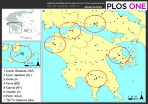 Map of Bronze Age mobility in Greece showing six sites circled with 25 km radii and blue data points; insets label site locations and legends.