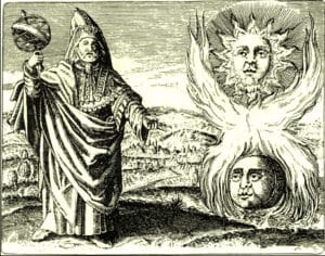 Robed medieval magician raises a celestial globe, facing a sun with a woman's face and a head emerging from the ground.