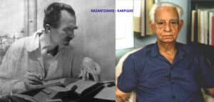 Split image of a younger man writing at a desk on the left and an older man in a blue shirt seated with books behind him on the right, forming a collage.