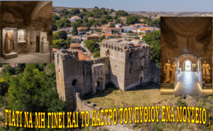 Collage showing a medieval fortress ruin overlooking a hillside village, an interior museum display with historical costumes, a vaulted gallery with statues, and a bold yellow Greek caption along the bottom.