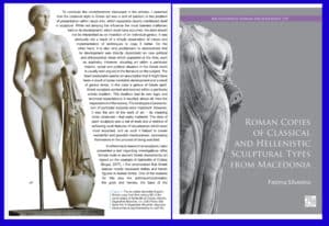 Diptych: left panel shows a classical marble male nude statue with a draped cloth on a stand; right panel shows a gray book cover titled 'Roman Copies of Classical and Hellenistic Sculptural Types from Macedonia' by Fatima Silvestro.