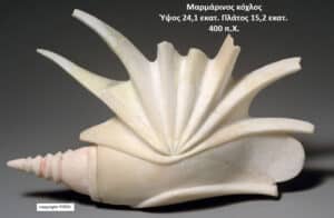 White fossilized conch shell with spiny, radiating projections; 24.1 cm tall, 15.2 cm wide, dated to 400 BCE.