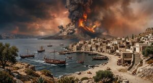 Volcano erupting with lava and smoke over a coastal town; ships anchor in a calm bay below.