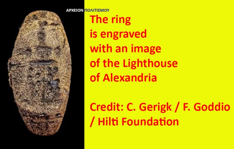 Ancient oval ring with a carved face on a black background; a bright yellow panel beside it notes the ring is engraved with the Lighthouse of Alexandria and credits.