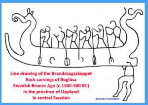 Line drawing of a long Viking-style ship with many carved figures seated along the deck, dragon-head bow and dragon-tail stern, accompanied by red caption text about Swedish Bronze Age rock carvings from Uppland, central Sweden, (c. 1500–500 BC).