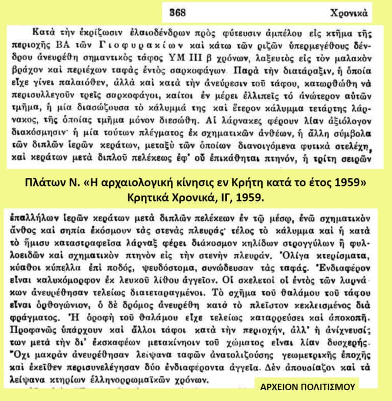 Two scanned Greek journal pages from Kritika Chronika (1959) with a caption noting Plato N. on archaeology in Crete, watermark 'ΑΡΧΕΙΟΝ ΠΟΛΙΤΙΣΜΟΥ'.