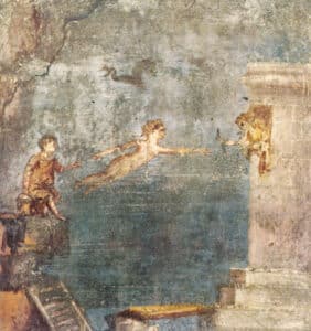 Weathered fresco of a man seated on the left, a nude figure flying toward a person emerging from a doorway on the right.