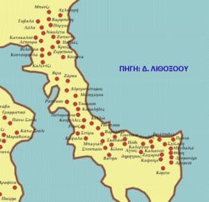 Coastal map of a Greek region with many red dots marking towns along the shoreline and blue sea to the right.