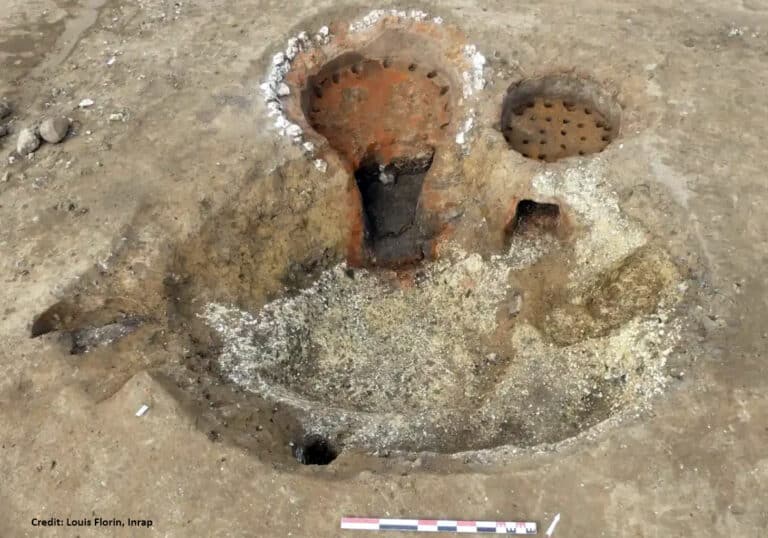 Two circular, rusty metal drainage covers set in dirt during an excavation, with mineral crust around them and a measurement scale nearby.