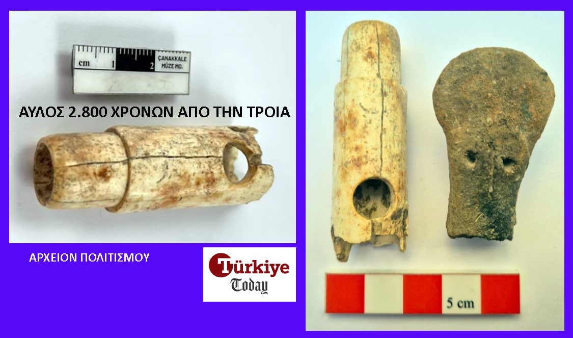 Left: ancient bone tube with a hole, likely tool or instrument, from Troy about 2,800 years old. Right: two carved bone fragments with a 5 cm scale for size.