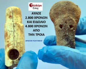 Two ancient artifacts held by blue-gloved hands; Greek captions mention Trojan-era objects dating 2,800 and 4,800 years, with a Turkish Today logo above.