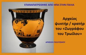 Composite poster featuring a black-figure Greek krater on a stand; blue banner at top notes repatriation from the USA to Italy; orange right panel bears the Greek title about the 'Painter of Troy' krater and archive of civilization.