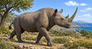 Adult rhinoceros walking on a rocky dirt path with hills and a blue sea in the distance under a clear sky, coastal landscape in the background.