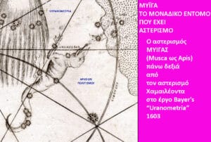 Old star map with Greek constellation labels, beside a bright pink panel containing a Greek title about Uranometria (1603).